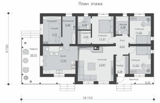 Одноэтажный дом с тремя спальнями, террасой и погребом